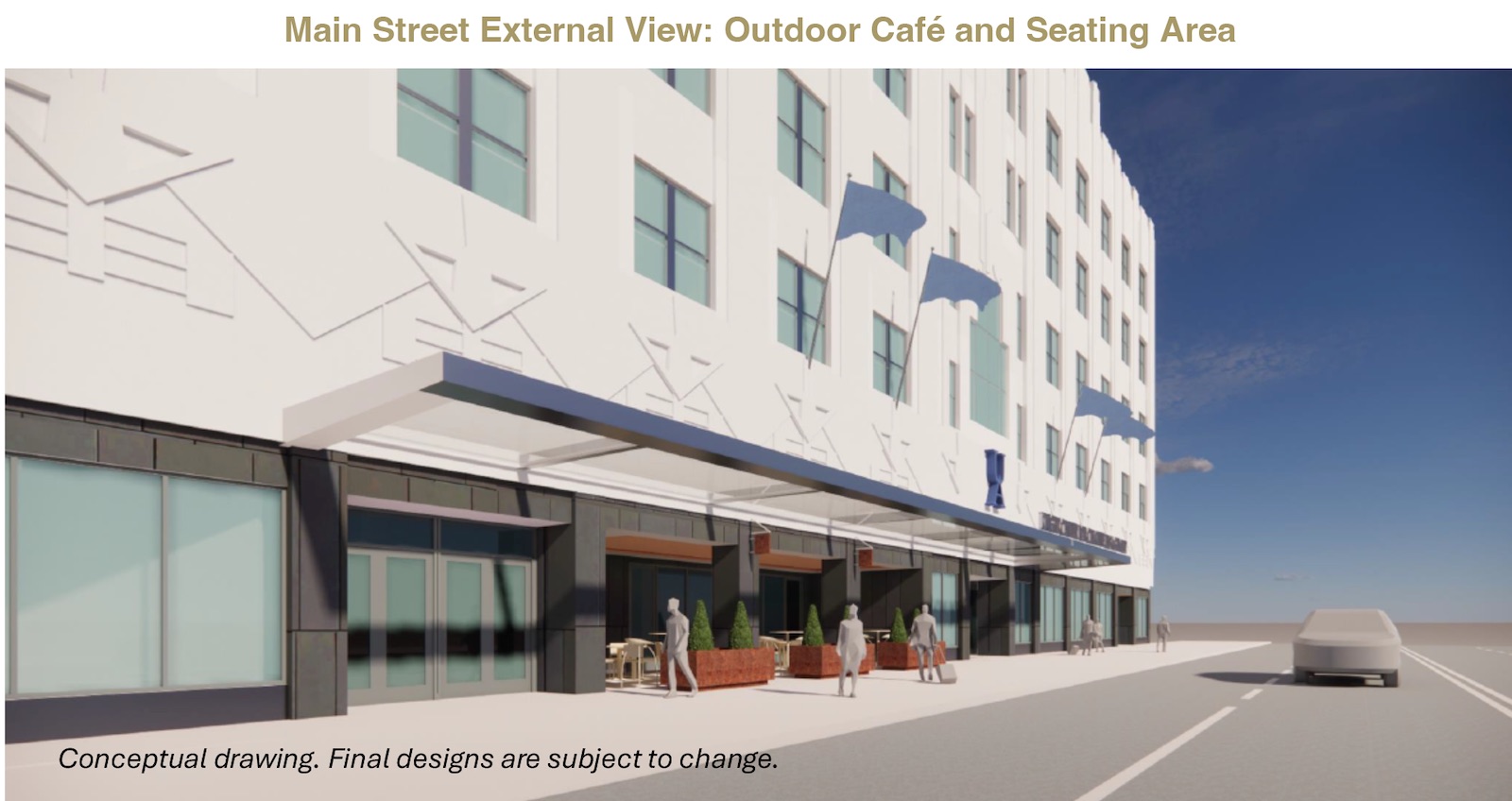 Street-level view of a modern white building with large windows and outdoor café seating under a canopy. People sit and walk near planters, and a few cars are parked along the sidewalk under a blue sky.