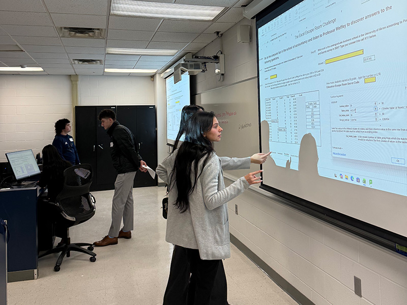 Participants reviewing an accounting program at a board and working together to solve it.