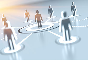 Illustration of connected people icons linked in a network, representing communication, collaboration and professional relationships.