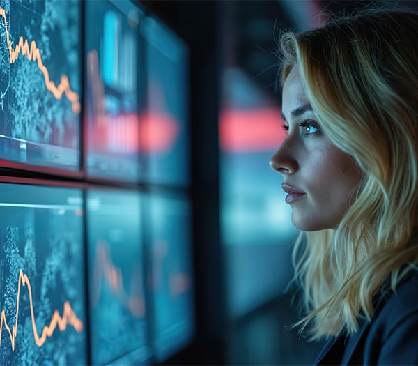 Woman analyzes charts and data visualizations displayed across multiple computer monitors, representing data analysis and intelligence research.