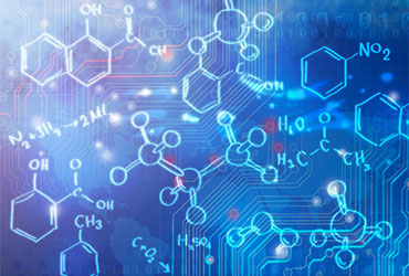 Illustration of chemical structures, molecular diagrams and scientific formulas overlaid on a digital technology background.