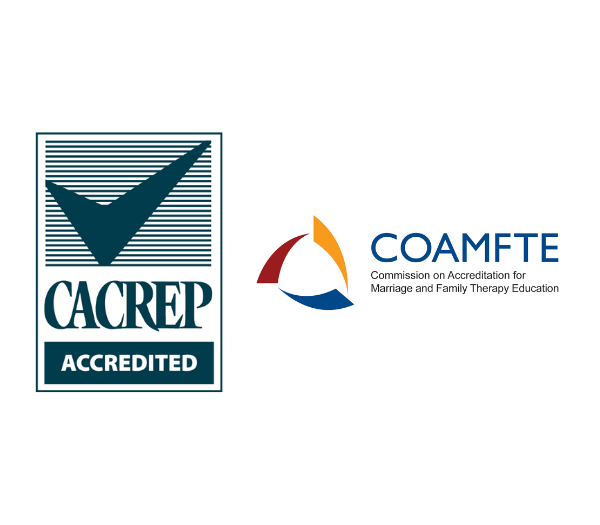 Logos of CACREP and COAMFTE. The CACREP logo features a checkmark and the words “CACREP Accredited.” The COAMFTE logo includes a multicolored abstract symbol and the text “Commission on Accreditation for Marriage and Family Therapy Education.”.