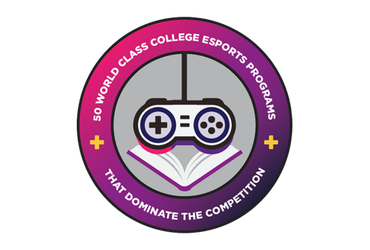 A circular badge with a game controller above an open book. Text around the edge reads, 50 World Class College Esports Programs That Dominate the Competition..