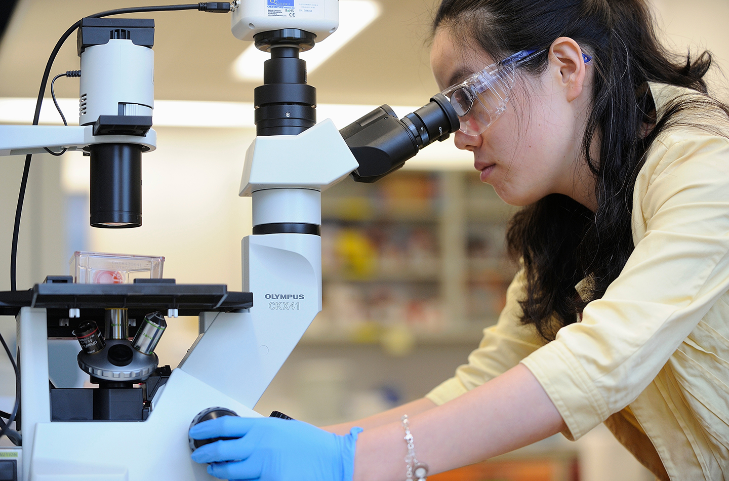 Student looking in a microscope