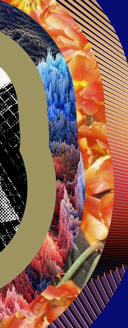 Abstract digital art with layered bands: an outer orange floral layer, a middle section with blue, purple, and pink spiky textures, gold arcs, and a black-and-white pixelated pattern on the left, against a blue and orange striped background.