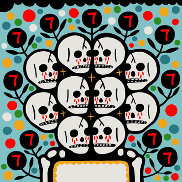 llustrated skulls arranged in a tree-like pattern with colorful dots and the number seven repeated throughout the design.