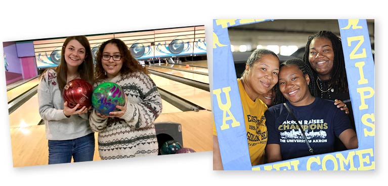 Students bowling and relaxing on campus at The University of Akron