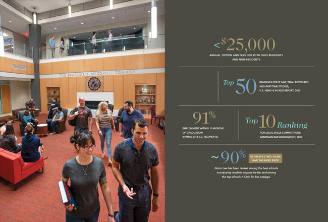 Inside the School of Law's viewbook, a spread of pages showing figures and students inside a common area