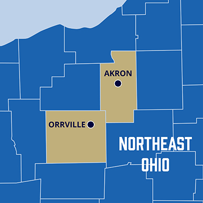 map Map showing University of Akron sites in Medina, Lakewood, Orrville and elsewhere